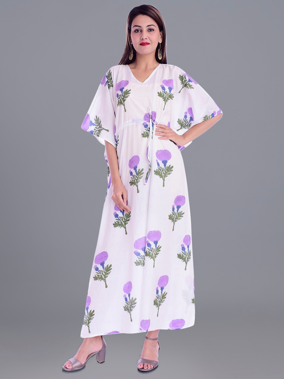 

HANDICRAFT PALACE Floral Block Printed Pure Cotton Maxi Kaftan Nightdress, White