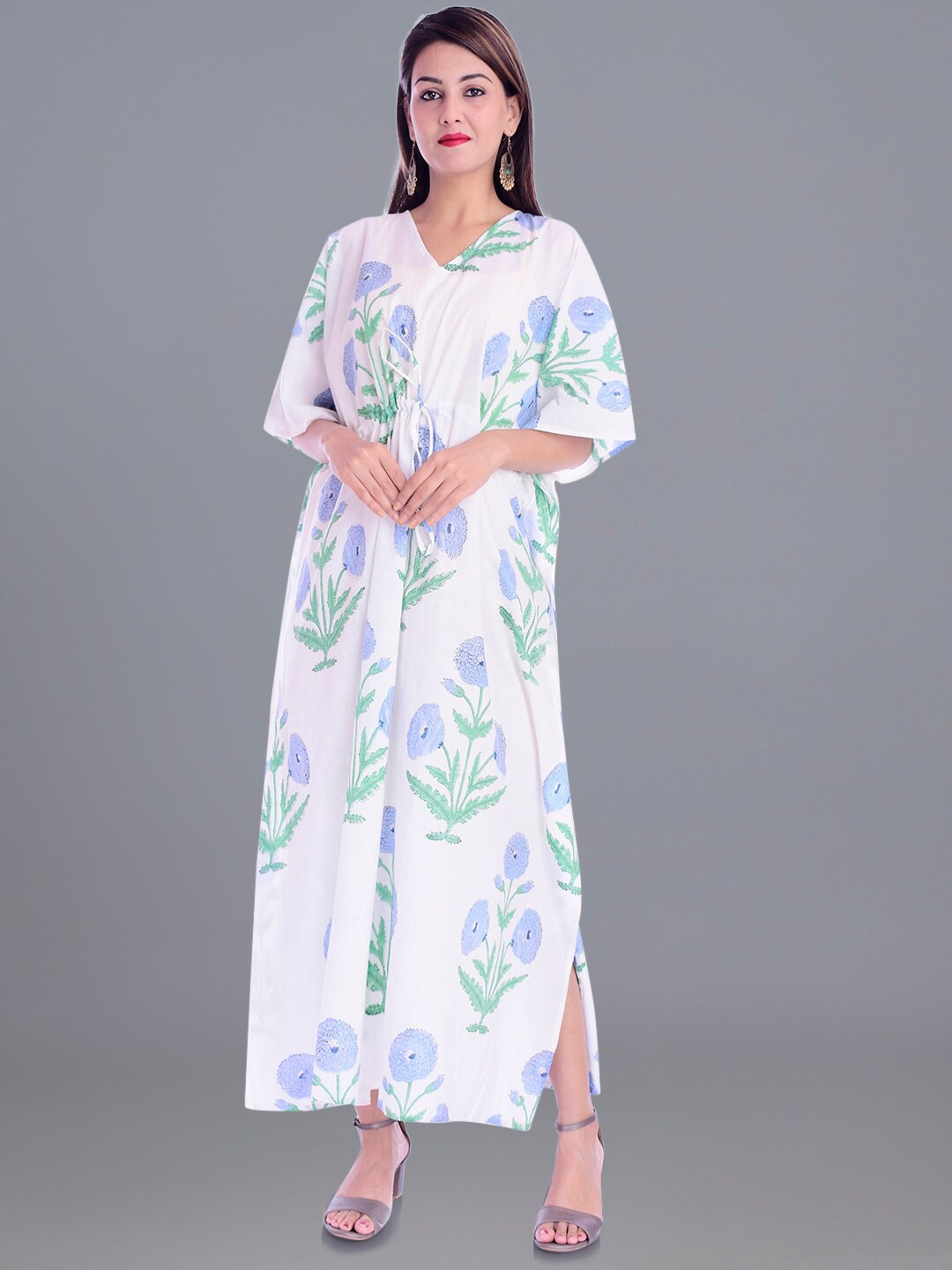

HANDICRAFT PALACE Floral Block Printed Pure Cotton Maxi Kaftan Nightdress, White