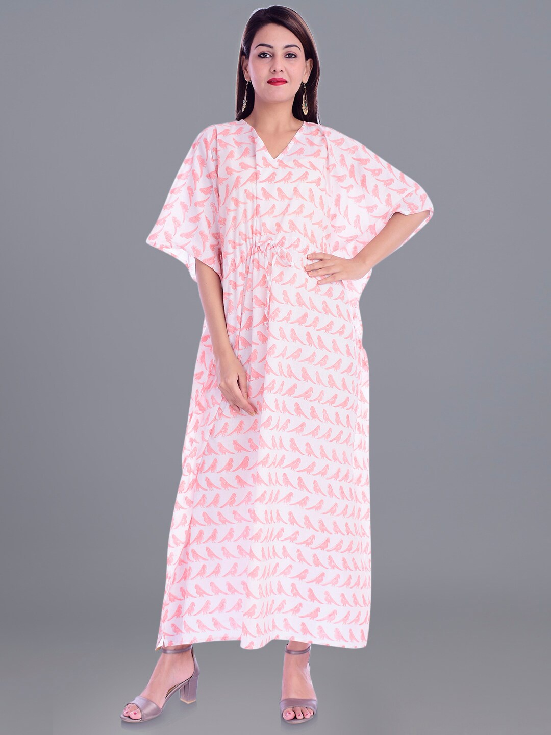 

HANDICRAFT PALACE Conversational Block Printed Pure Cotton Maxi Kaftan Nightdress, White