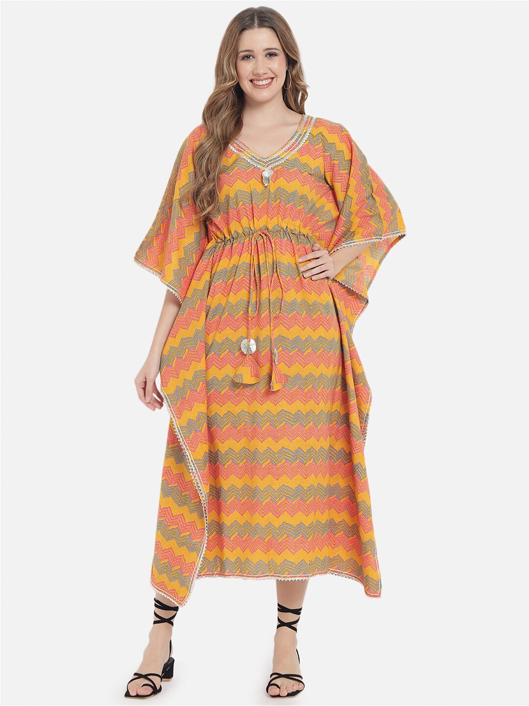 

Meeranshi Abstract Printed V-Neck Extended Sleeves Kaftan Midi Dress, Mustard