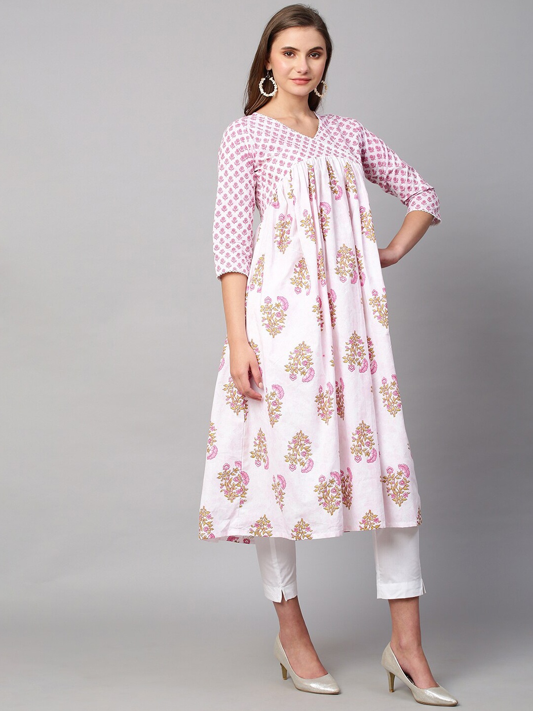 

RATAN Floral Printed Pure Cotton Anarkali Kurta, White