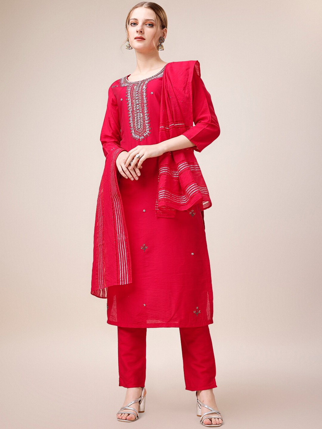 

Berrylicious Ethnic Motifs Chanderi Cotton Kurta with Trousers & Dupatta, Red