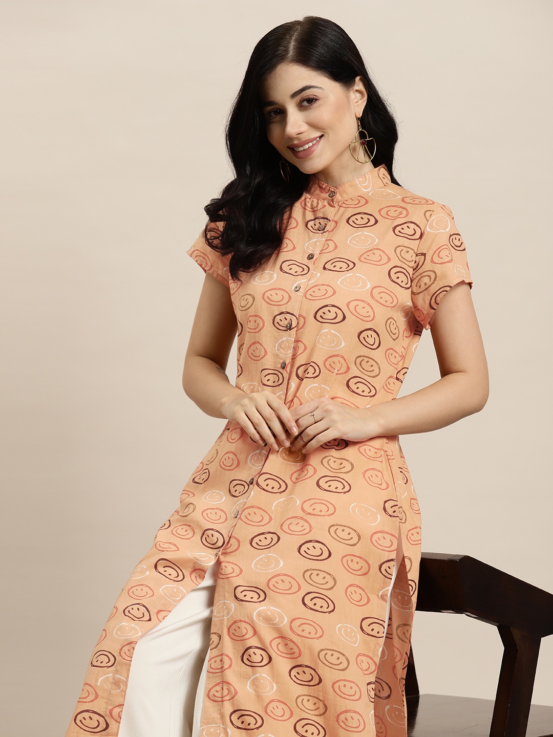 

HERE&NOW Smiley Printed Straight Kurta, Peach