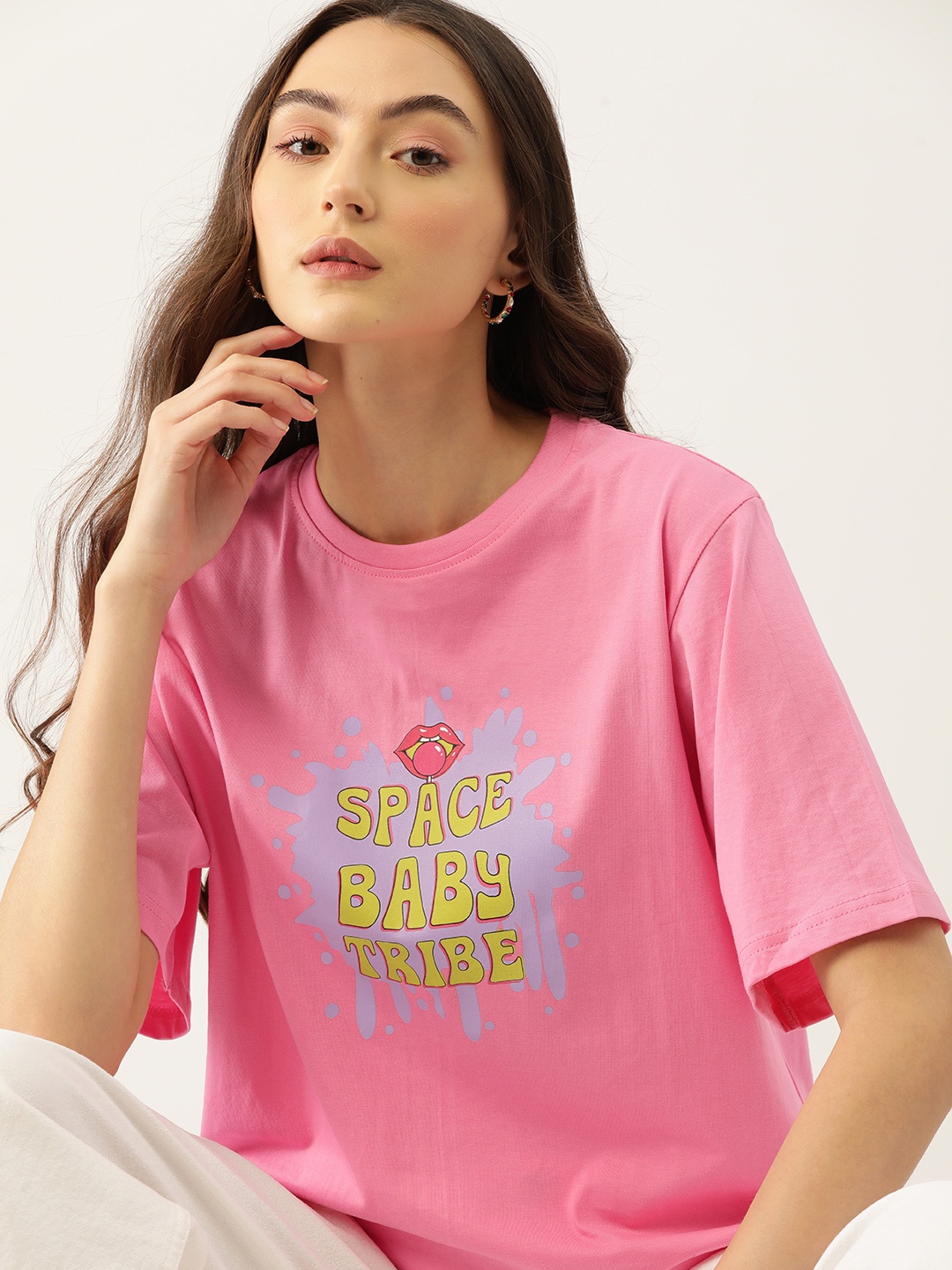 

DressBerry Women Printed Drop-Shoulder Sleeves Pure Cotton Loose T-shirt, Pink