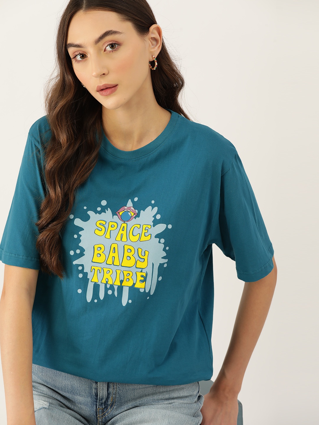 

DressBerry Women Typography Printed Drop-Shoulder Sleeves Pure Cotton Loose T-shirt, Turquoise blue