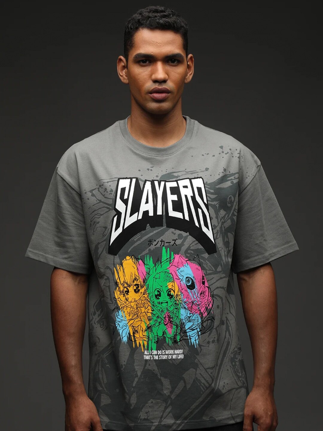 Bonkers Corner Grey Graphic Printed Oversized Cotton Casual T-Shirt