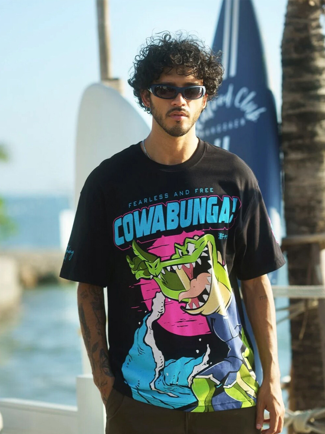 

Bonkers Corner Black Graphic Printed Oversized Cotton Casual T-Shirt