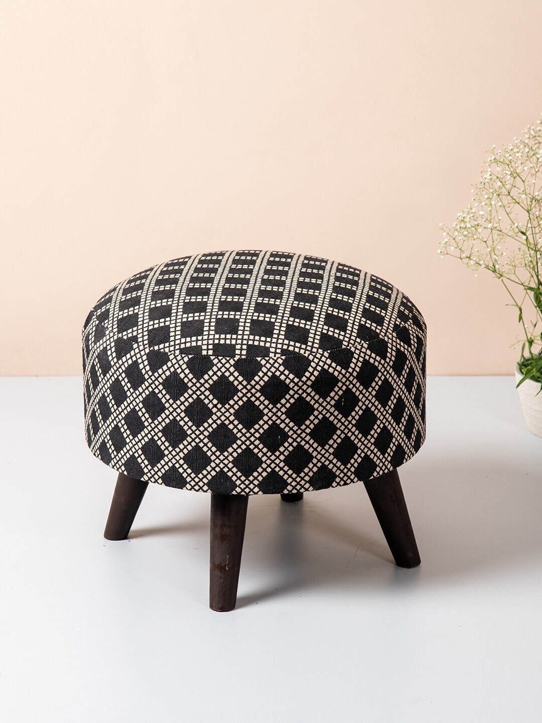 

nestroots Black & Beige Round Shape Wooden Ottoman Stool