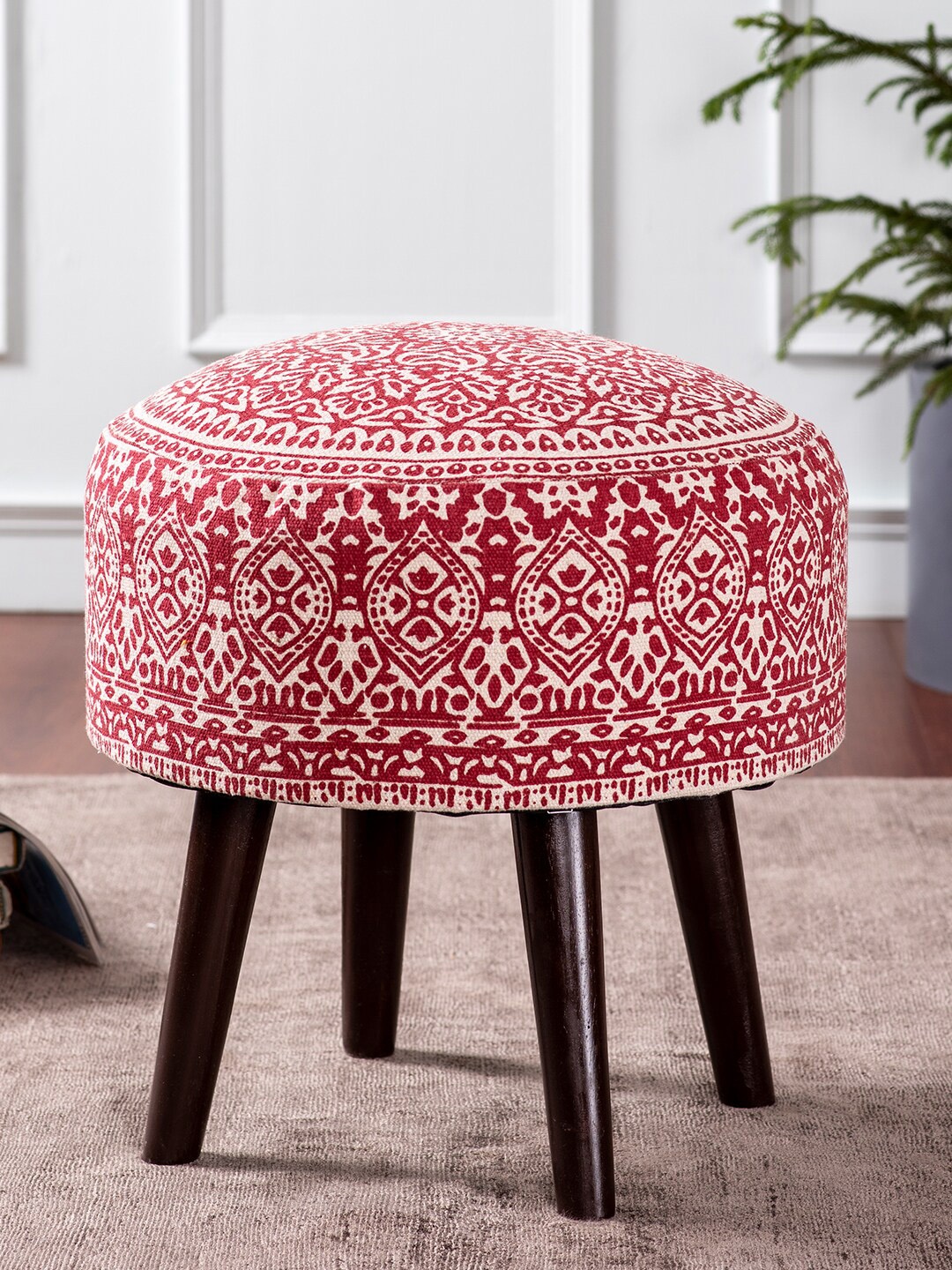 

nestroots Red & White Printed Round Shape Wooden Sitting Ottoman