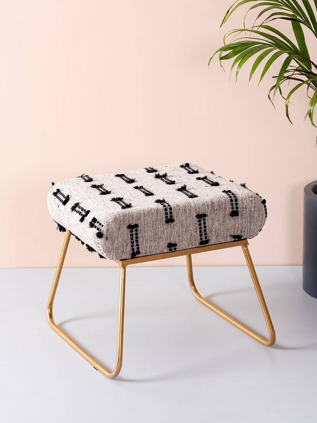 

nestroots Off White & Black Embroidered Ottoman With Metal Legs