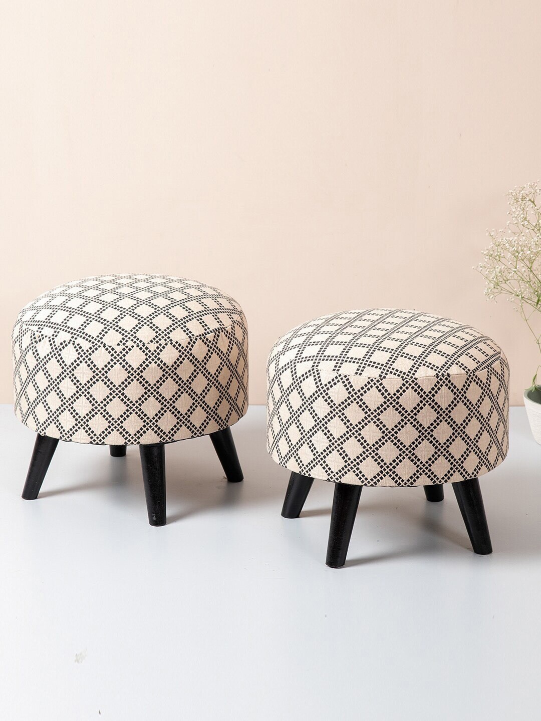 

nestroots Beige & Black 2 Pieces Printed Round Shaped Ottomans