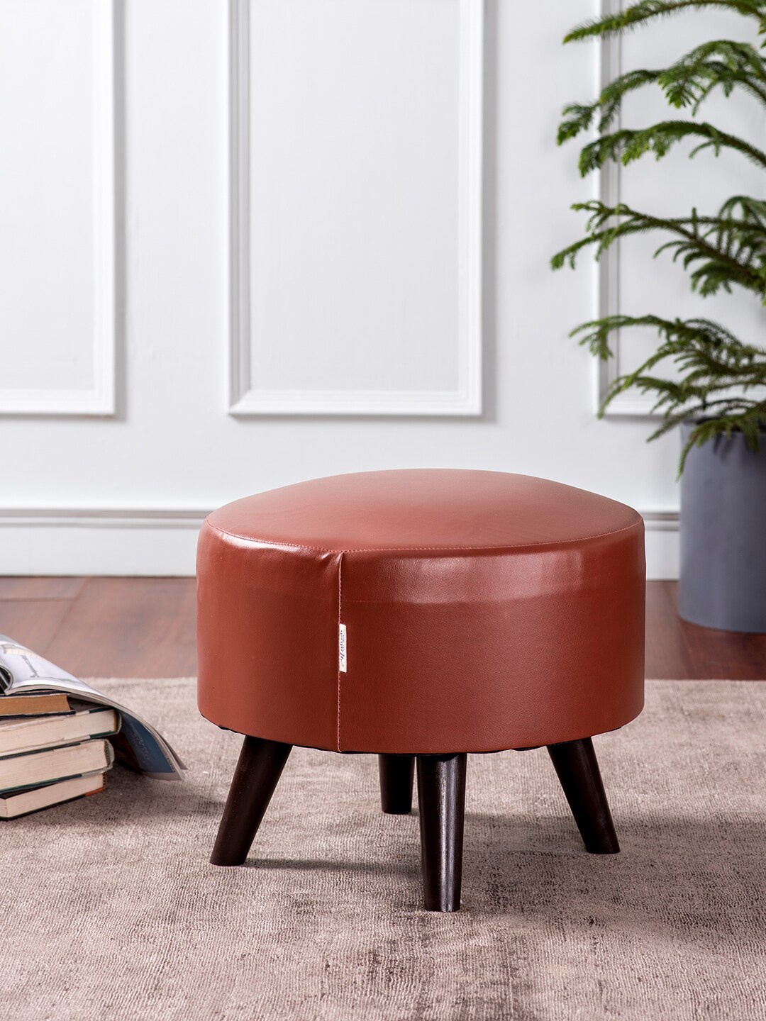 

nestroots Brown & Red Round Shape Wooden Cotton Poufy Ottoman