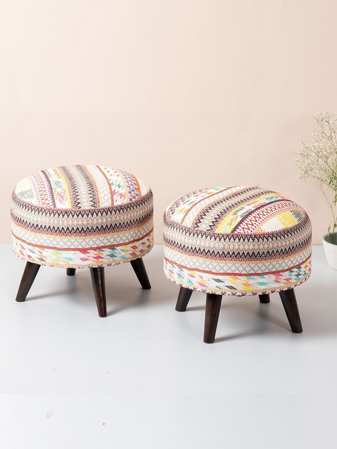 

nestroots White & Pink 2 Pieces Printed Round Shaped Ottoman