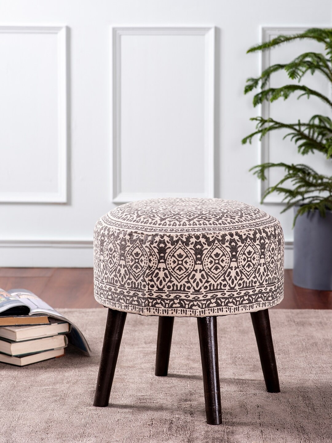 

nestroots Beige & Grey Printed Round Shaped Ottoman