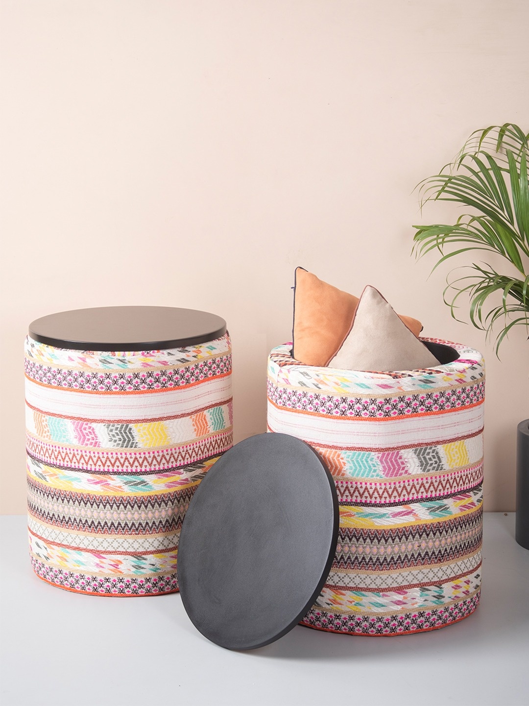 

nestroots 2-Pcs White & Pink Printed Cylinder Shaped Ottoman