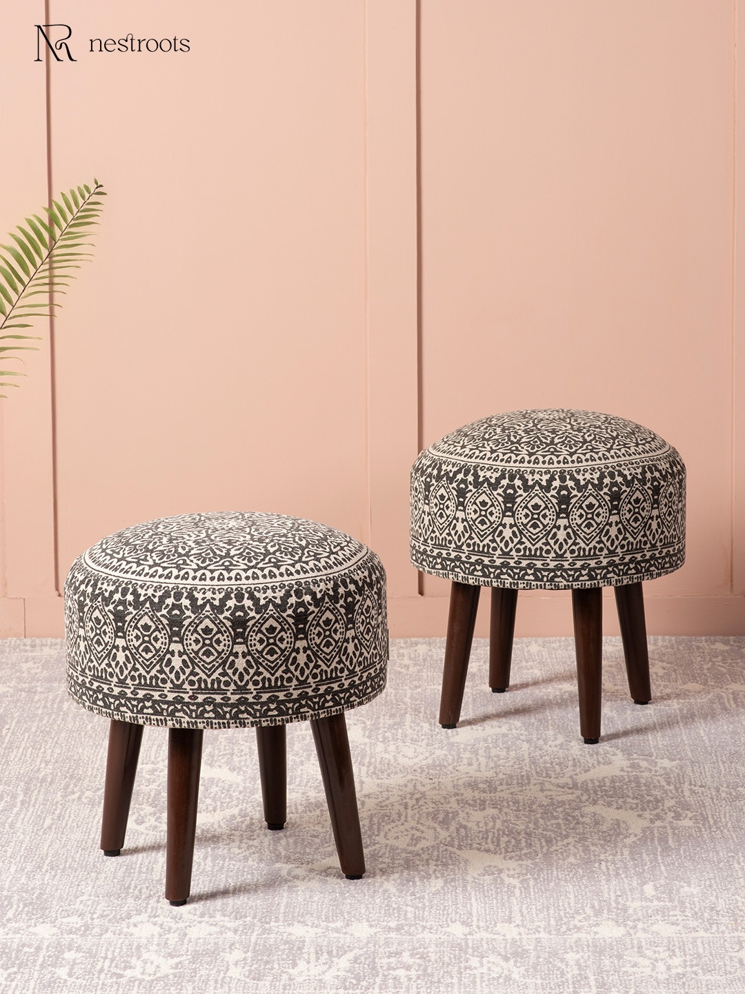 

nestroots 2-Pcs Grey & Beige Printed Cotton Round Shaped Ottomans