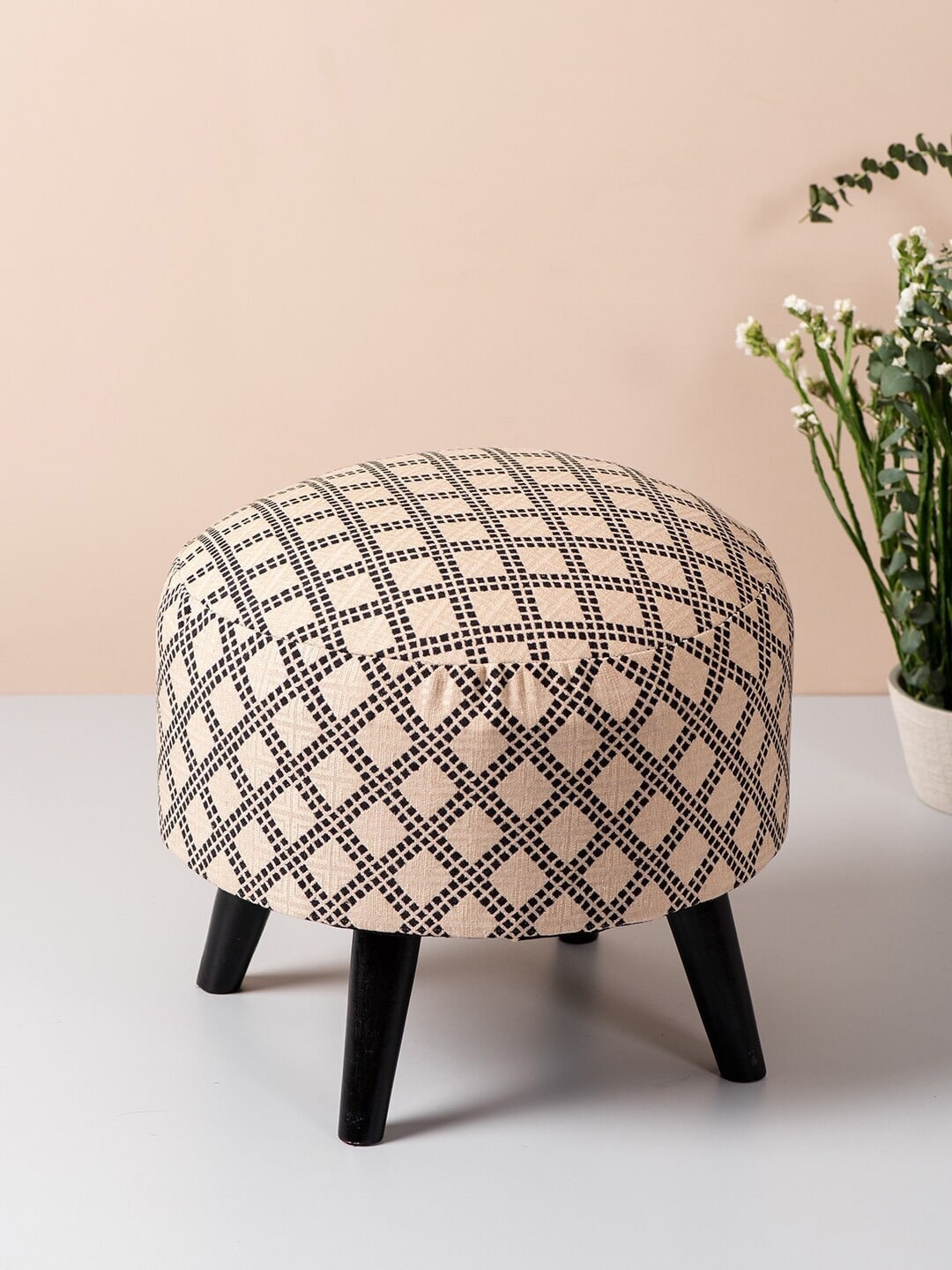 

nestroots Beige Round Shape Wooden Ottoman Stool