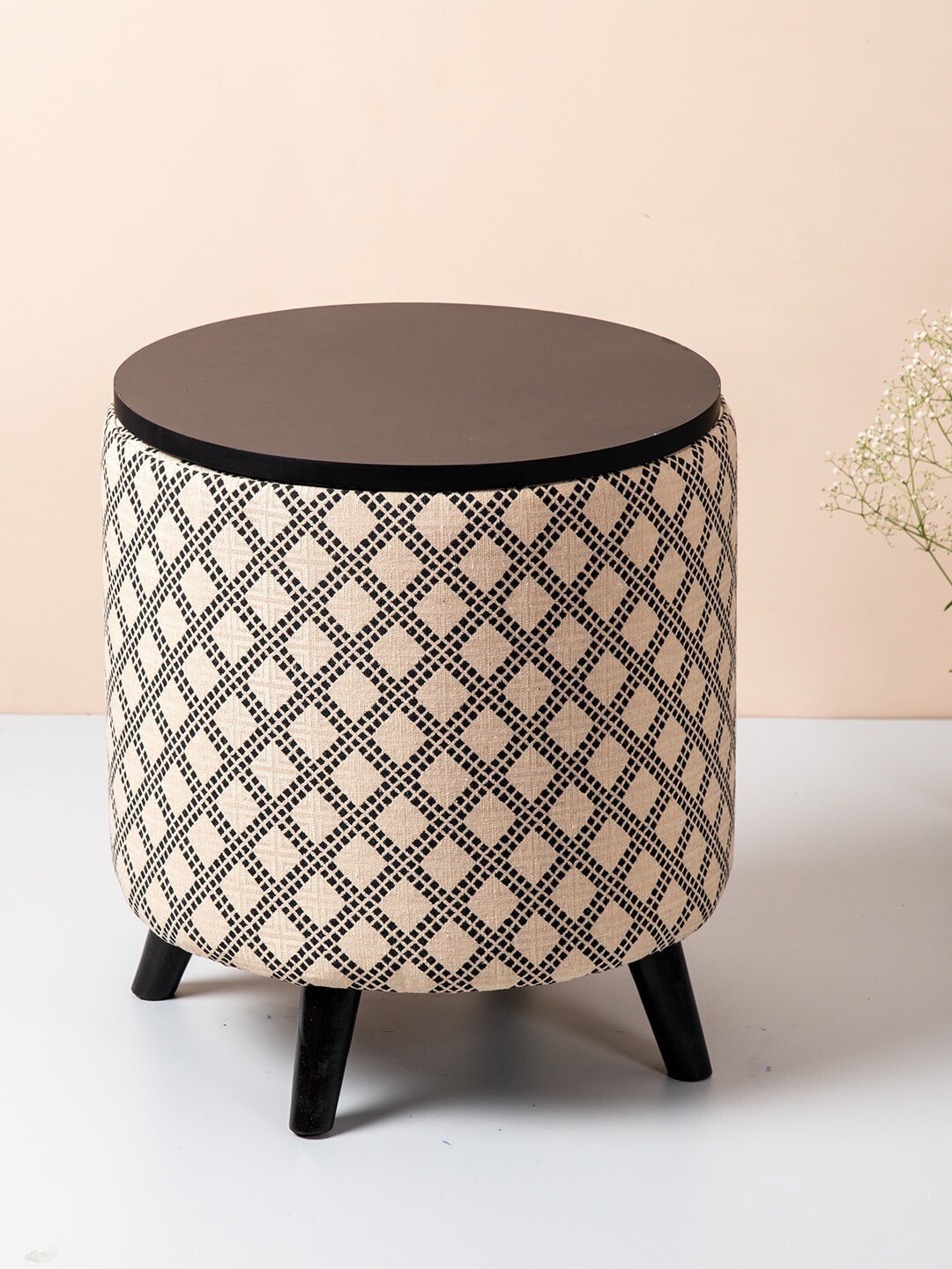 

nestroots Beige & Black Self-Designed Round Shape Wooden Pouffe Ottoman