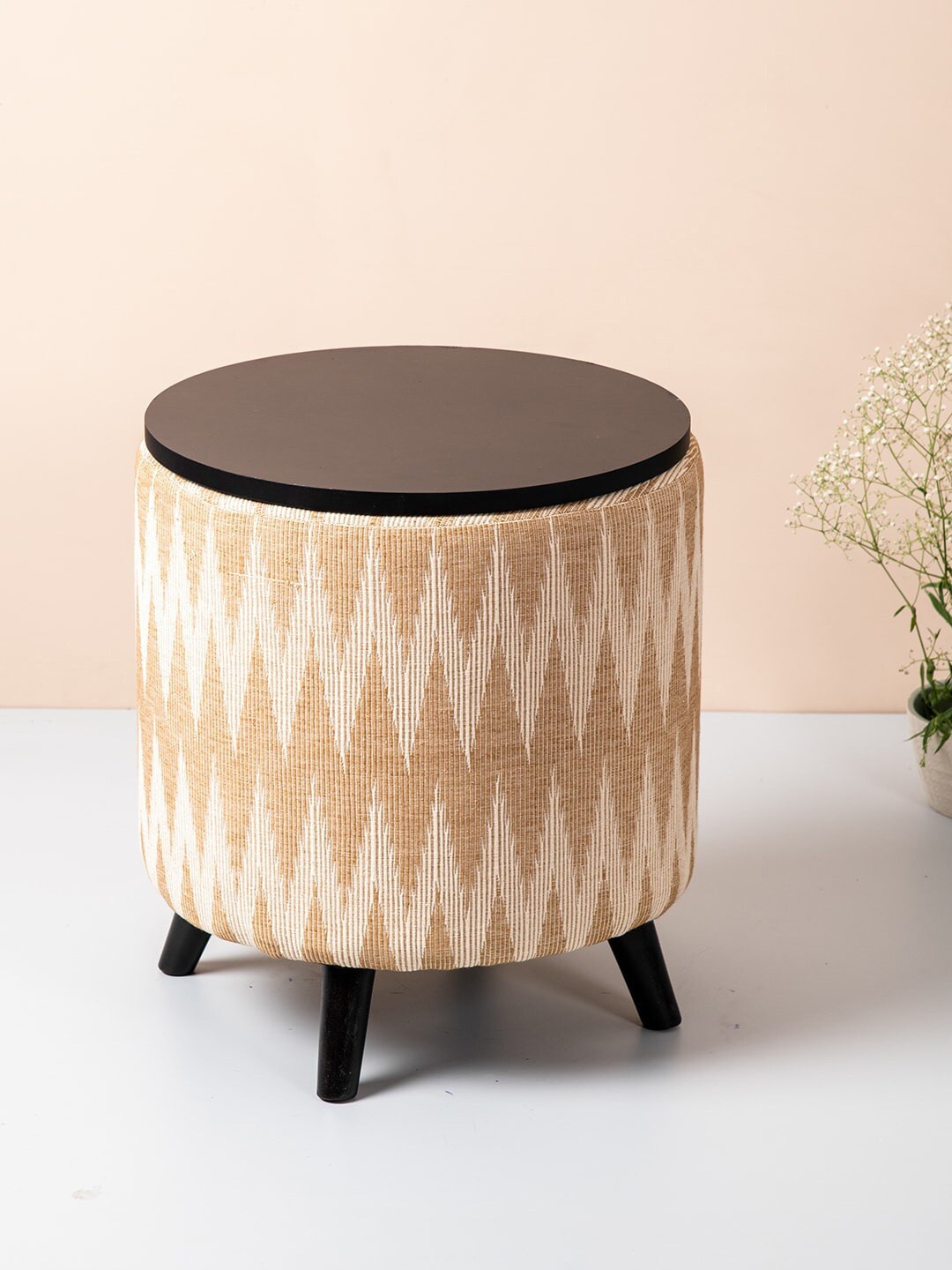 

nestroots Beige & Black 2-Pieces Round Shape Wooden Cotton Sitting Ottomans