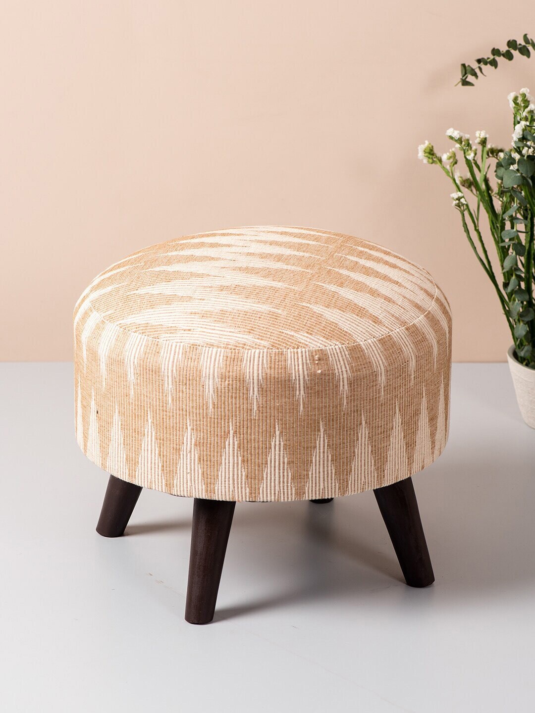 

nestroots Beige Printed Round Shape Wooden Sitting Ottoman