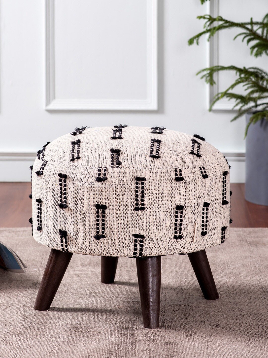 

nestroots Beige & Brown Woven Round Shape Wooden Cotton Sitting Ottoman