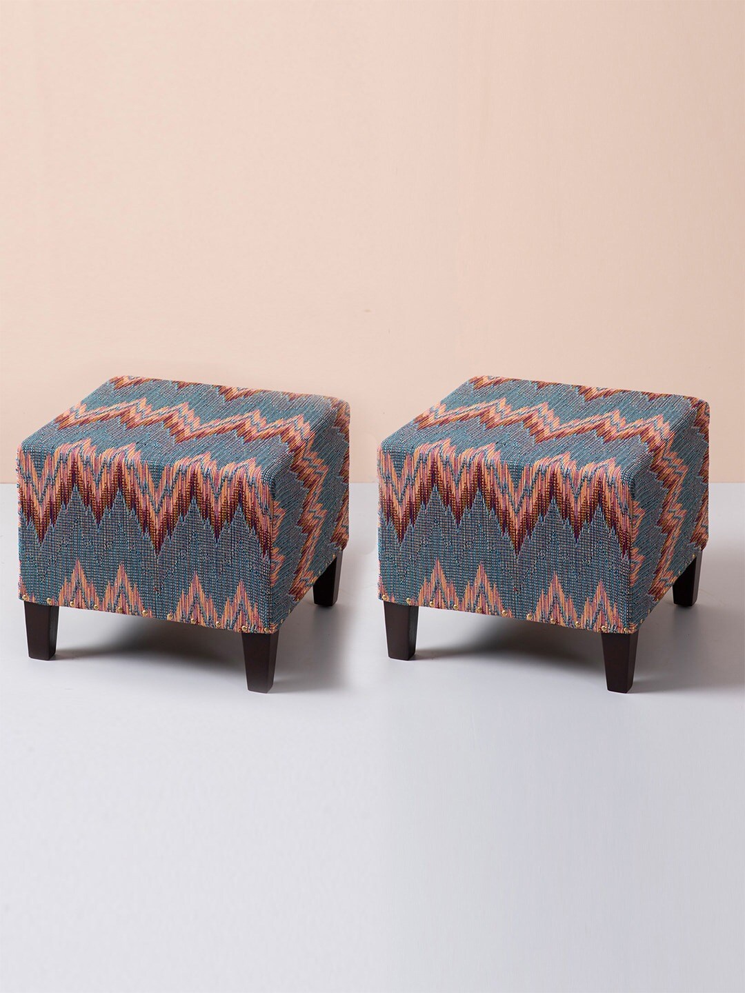 

nestroots Blue & Pink 2 Pieces Printed Square Shaped Ottomans