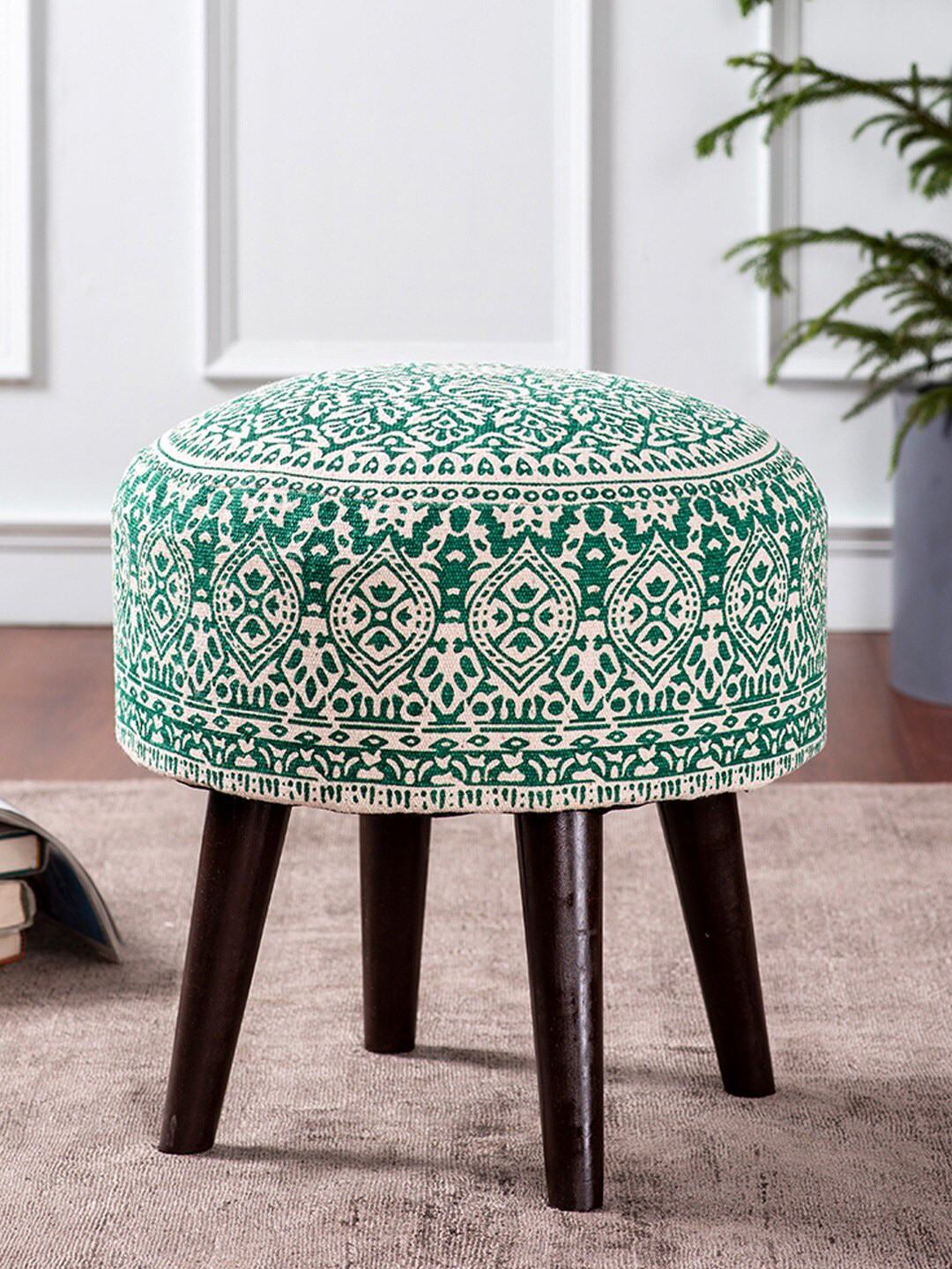 

nestroots Green & Off White 2 Pieces Printed Round Shape Wooden Cotton Sitting Ottomans