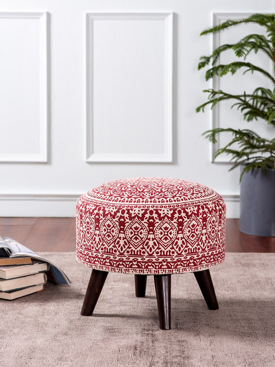 

nestroots Red & Off White Printed Round Shape Wooden Sitting Ottoman