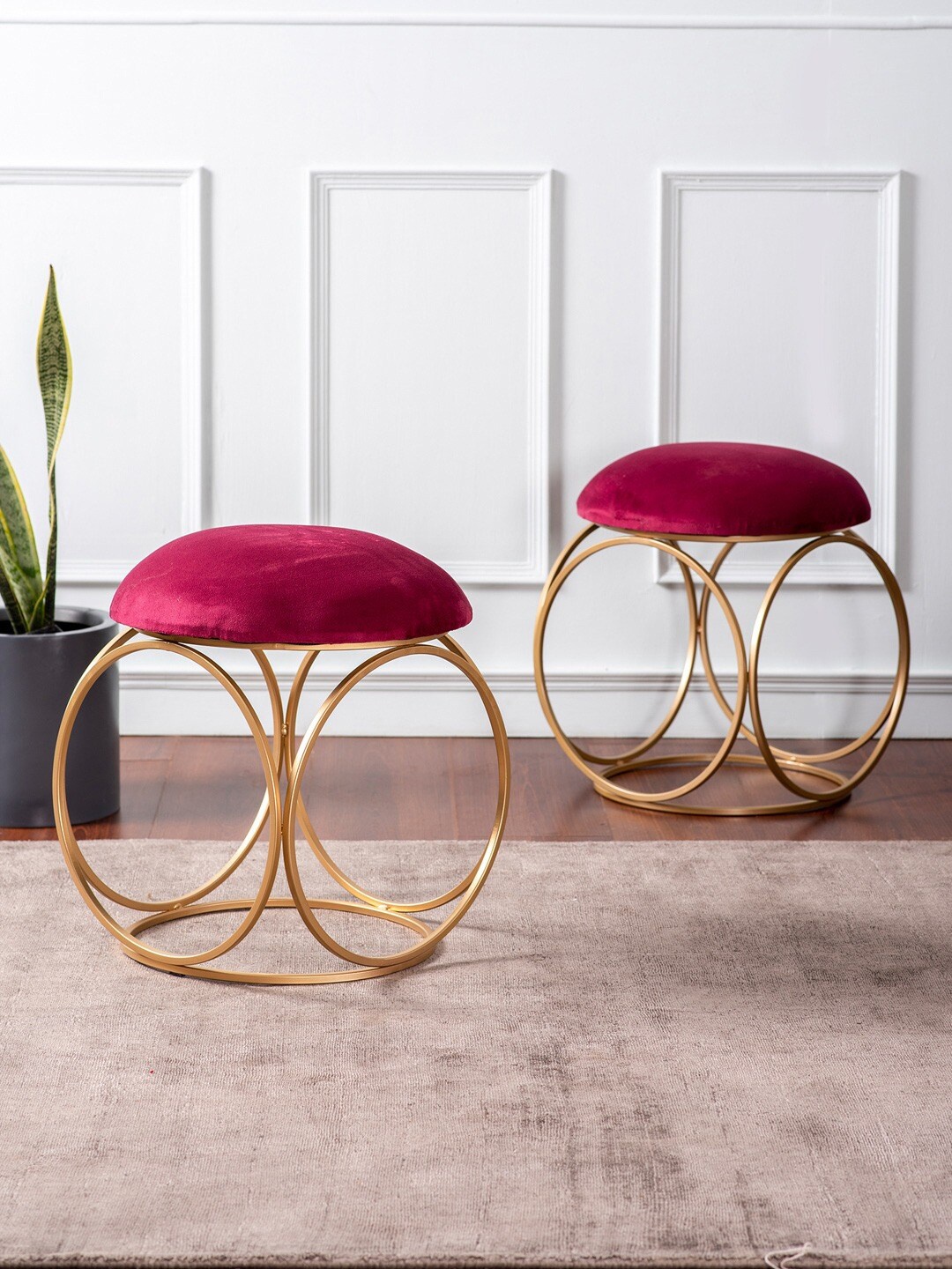 

nestroots 2 Pcs Maroon Square Metal Ottoman, Gold