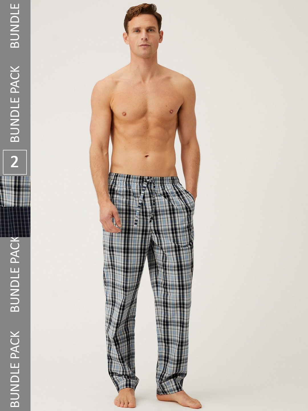 

Marks & Spencer Men Pack Of 2 Checked Pure Cotton Lounge Pants, Navy blue