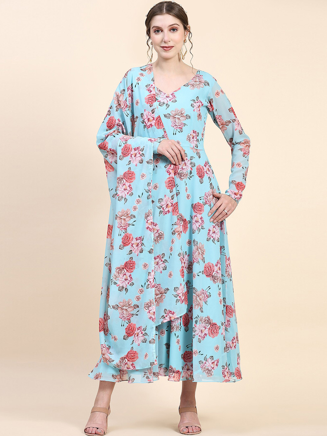 

KALINI Floral Printed Fit & Flared Maxi Dress With Dupatta, Blue