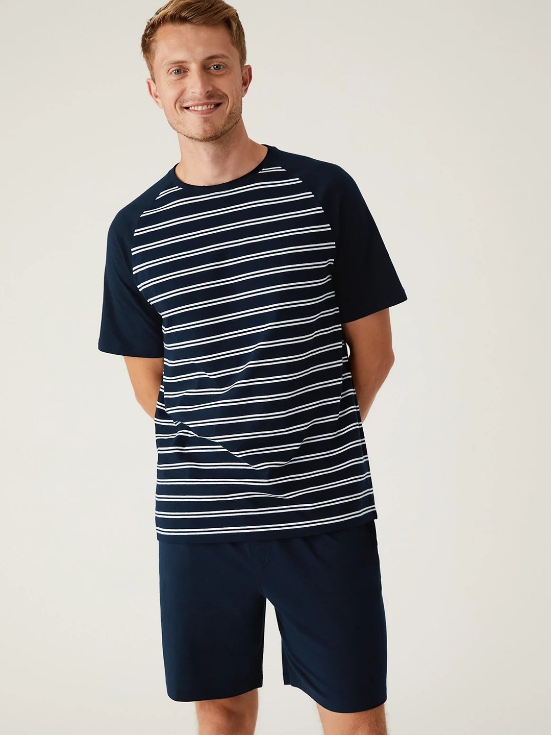 

Marks & Spencer Striped Pure Cotton Night suit, Navy blue