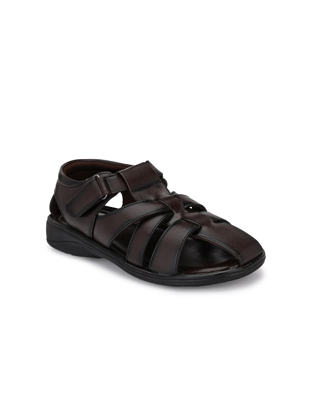

Azzaro Black Men Textured Shoe-Style Sandals With Velcro Closure, Coffee brown