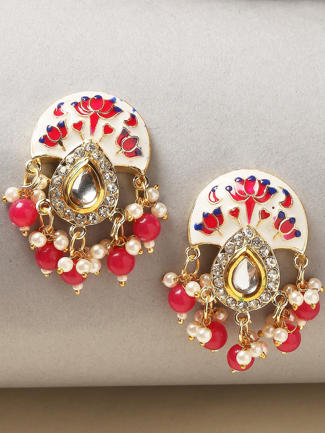 

OOMPH Kundan Studded & Beads Meenakari Drop Earrings, Gold