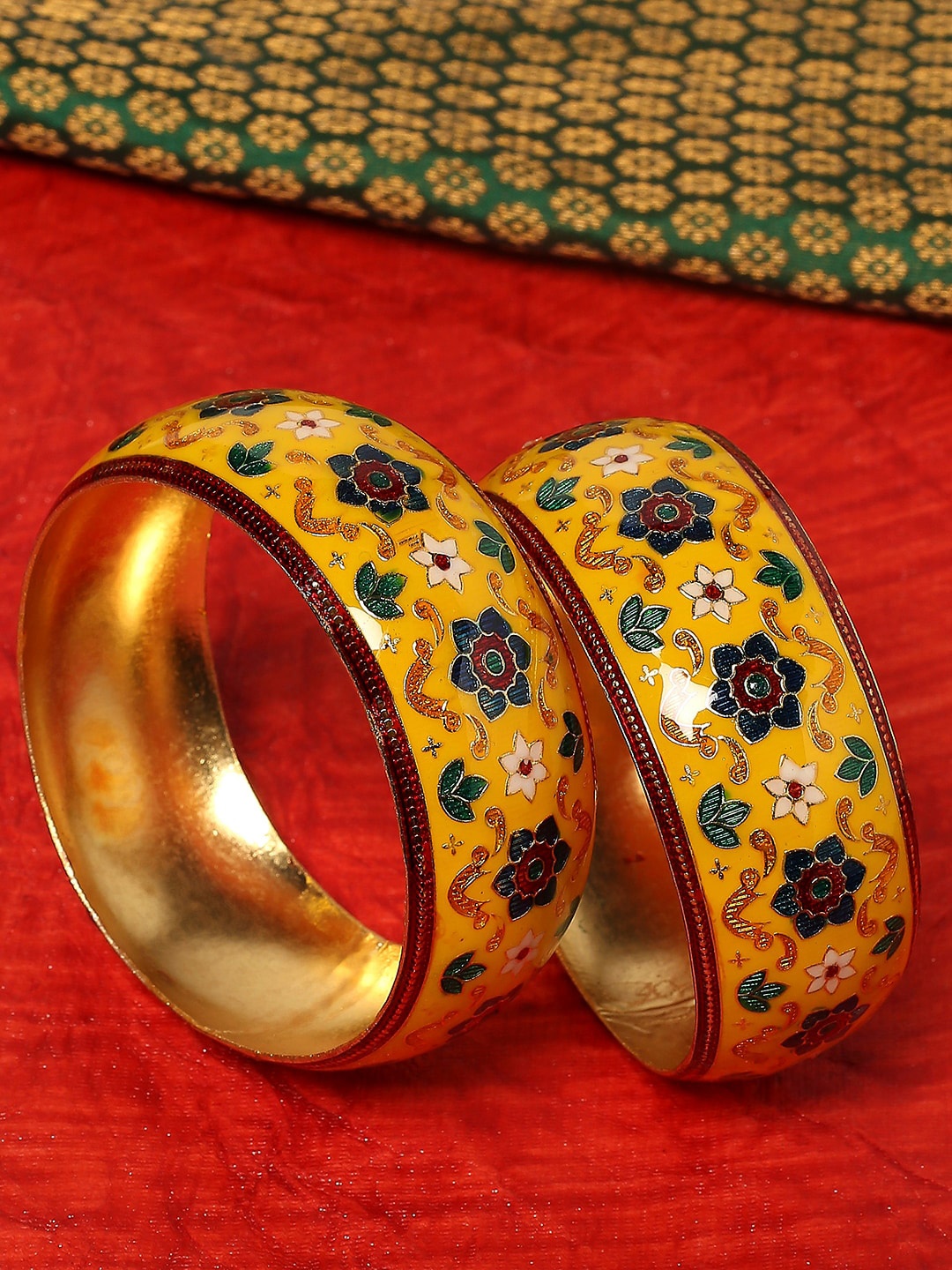 

OOMPH Set Of 2 Meenakari Floral Kada Bangles, Yellow