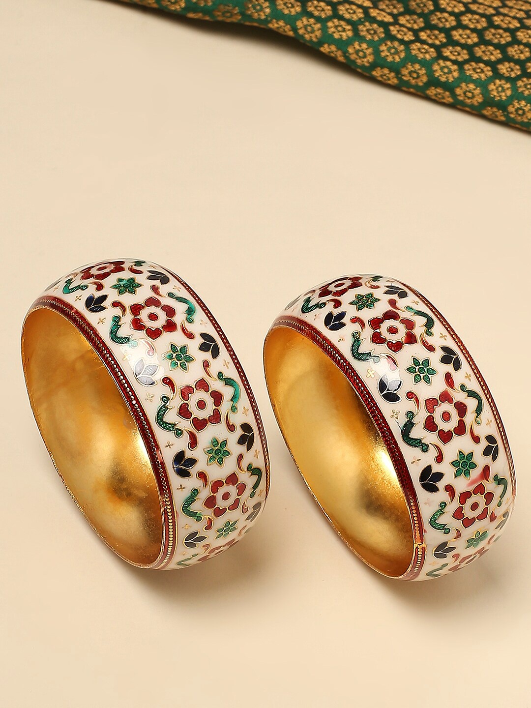 

OOMPH Set Of 2 Meenakari Floral Kada Bangles, White