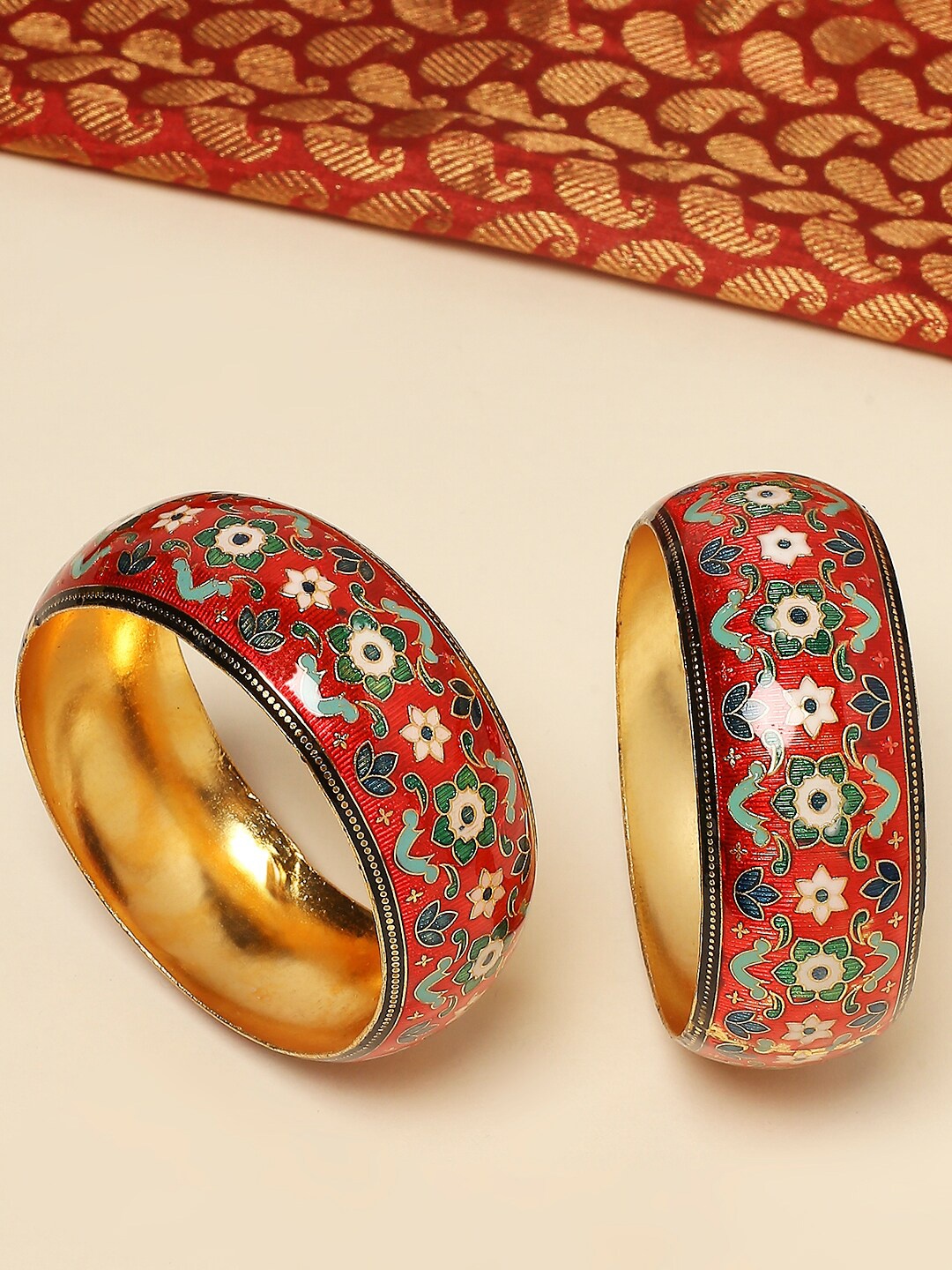 

OOMPH Set Of 2 Floral Meenakari Kada Bangles, Red