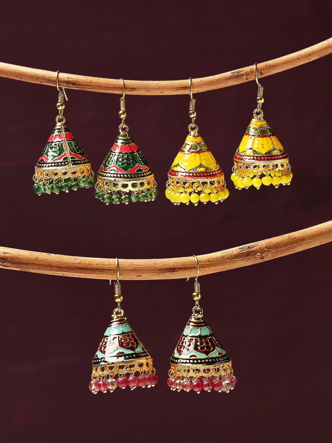 

OOMPH Set Of 3 Dome Shaped Meenakari Jhumkas, Gold