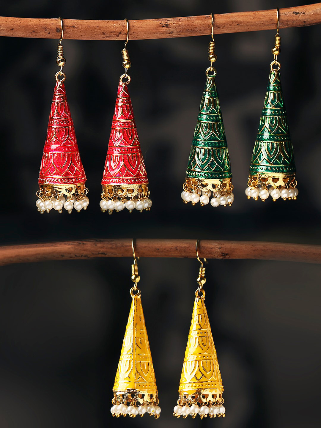 

OOMPH Set Of 3 Contemporary Meenakari Jhumkas, Gold