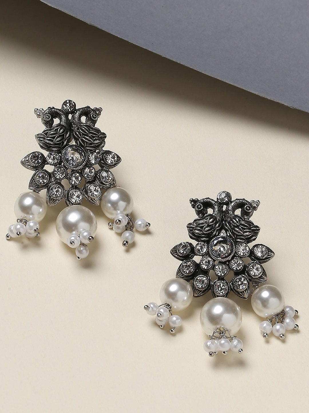 

OOMPH Peacock Shaped Oxidised Drop Earrings, Silver