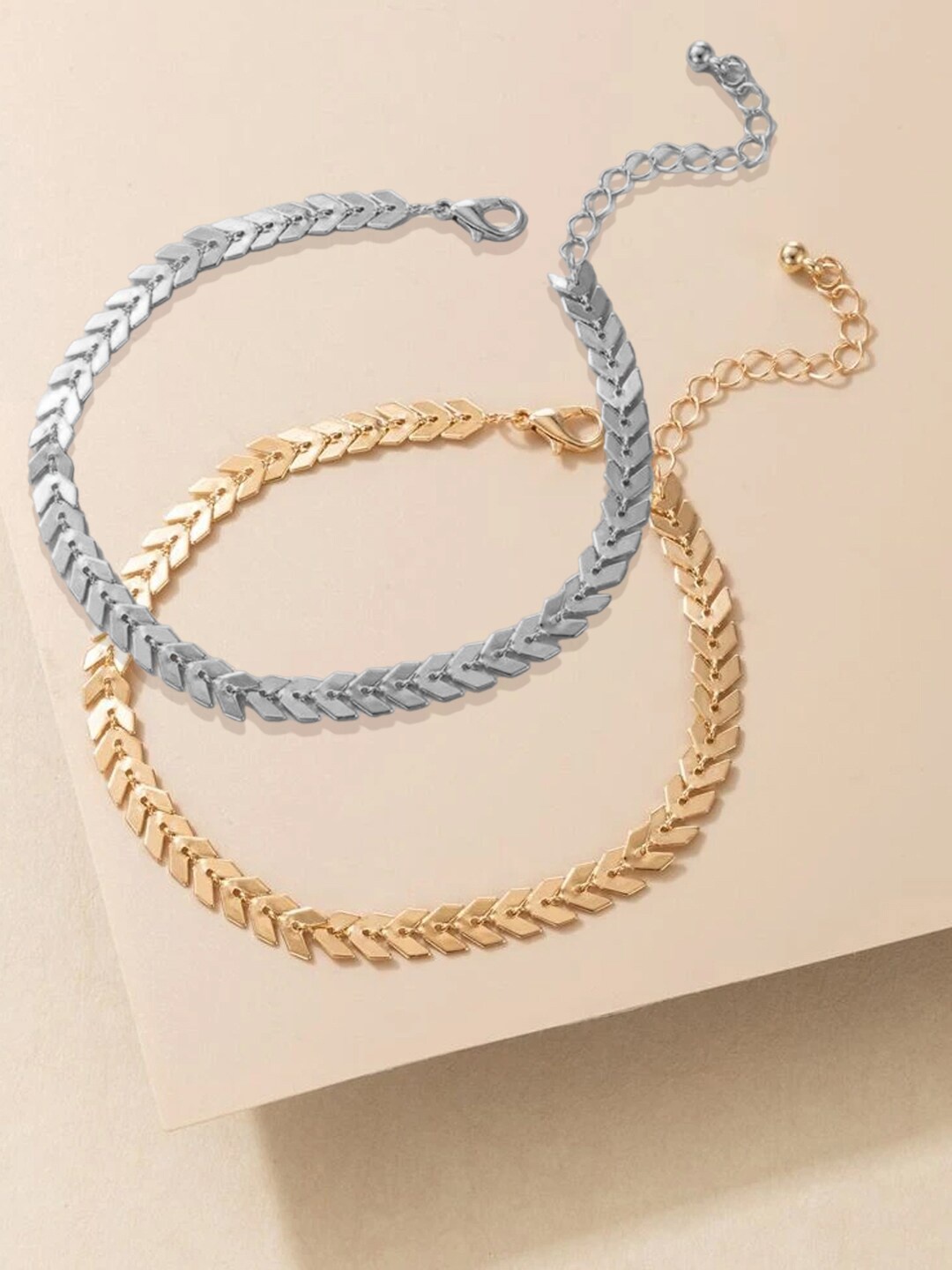 

OOMPH Set Of 2 Silver & Gold Plated Leaf Chain Anklets