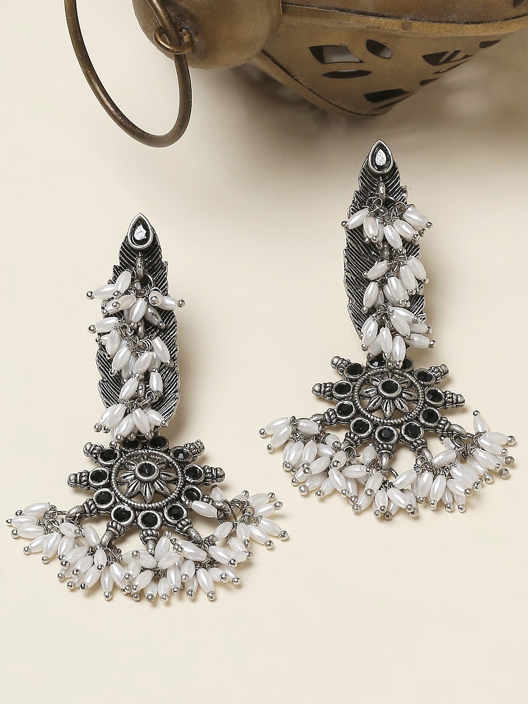 

OOMPH Stone Studded & Beaded Oxidised Floral Drop Earrings, Black