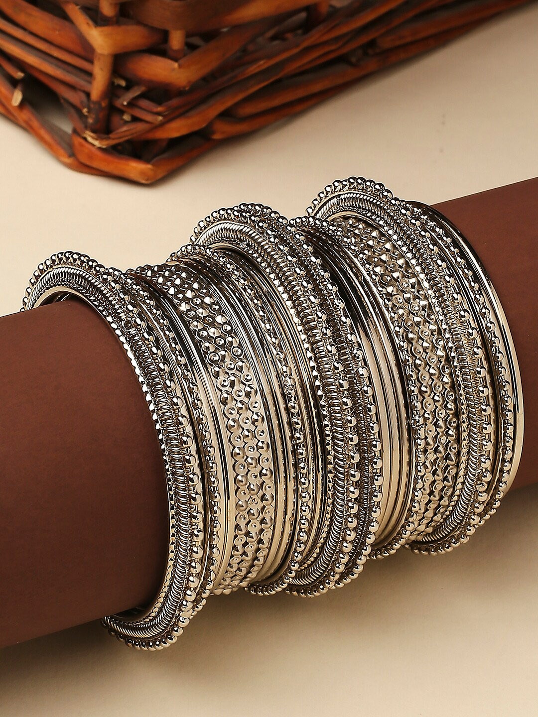 

OOMPH Set Of 26 Silver-Plated Oxidised Textured Bangle