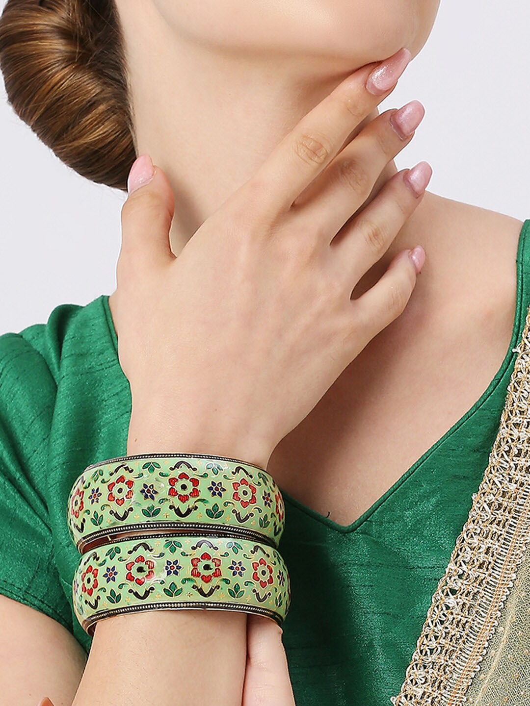 

OOMPH Set of 2 Meenakari Floral Kada Bangle, Green