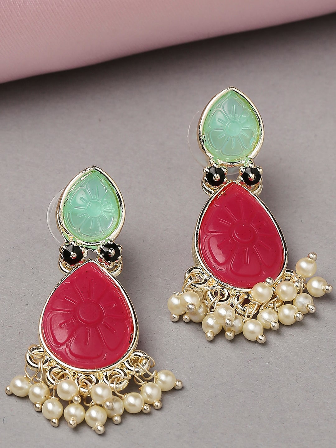 

OOMPH Stone Studded & Beaded Teardrop Shaped Drop Earrings, Pink