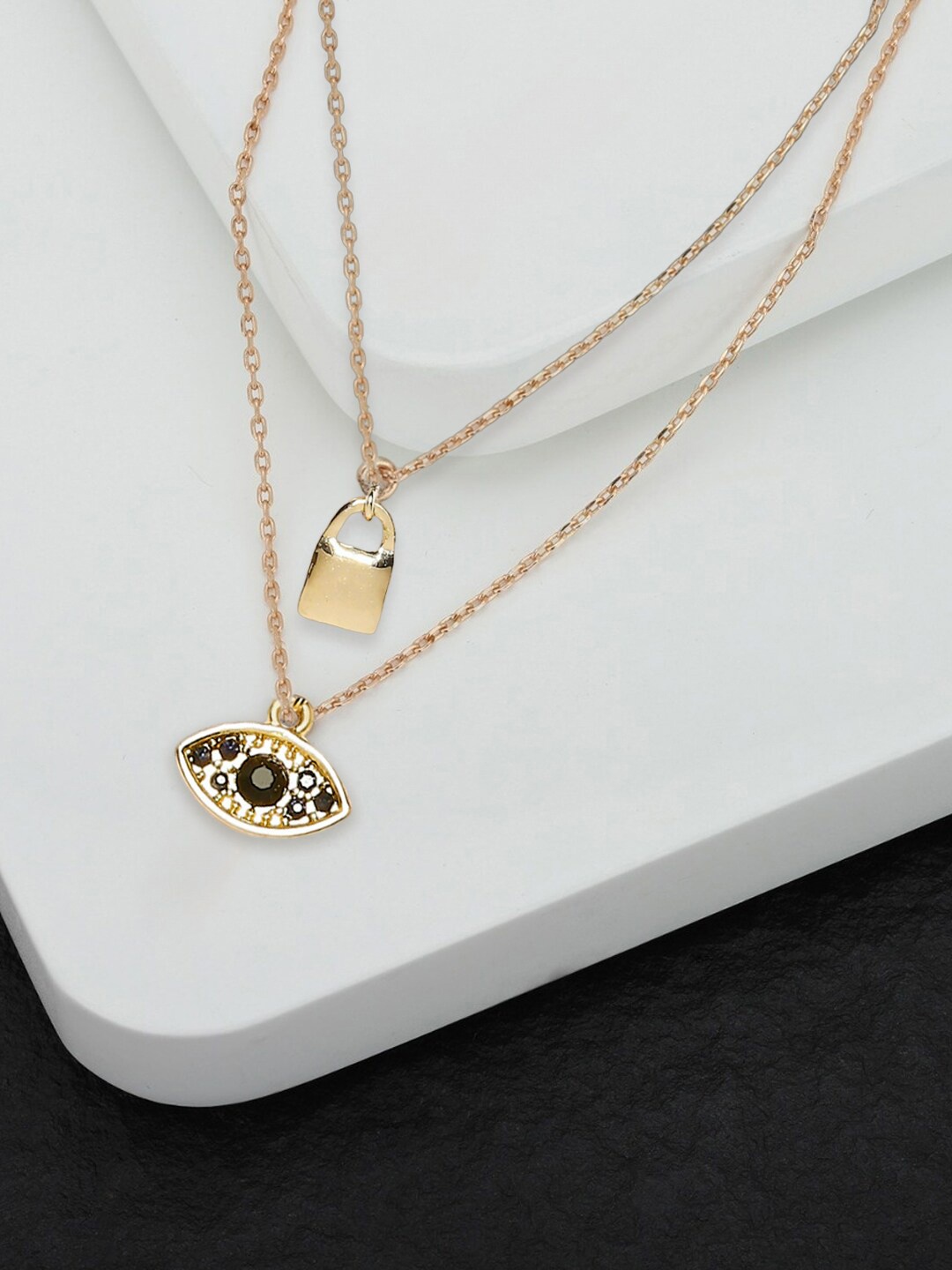 

OOMPH Set Of 2 Gold Plated Lock & Evil Eye Charms Anklets