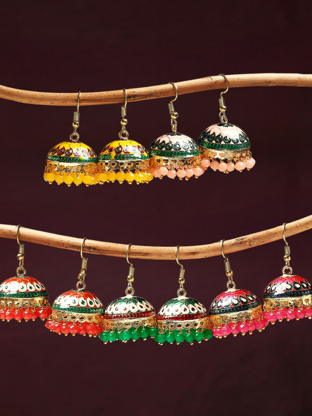 

OOMPH Set Of 5 Stone Studded & Beaded Dome Shaped Jhumkas, Green