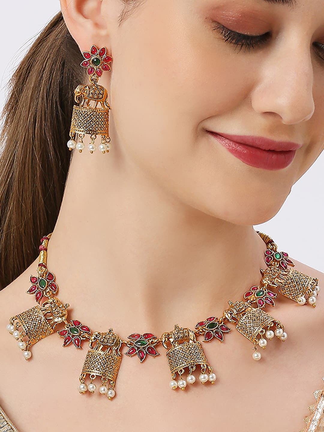 

OOMPH Stone-Studded & Beaded Jewellery Set, Gold