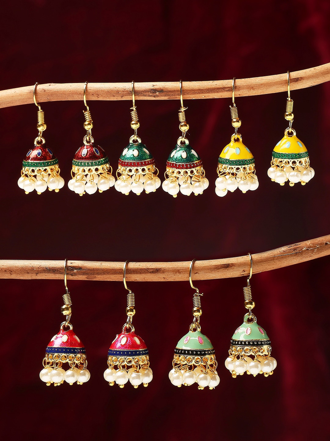 

OOMPH Set Of 5 Beaded Dome Shaped Jhumkas, Yellow