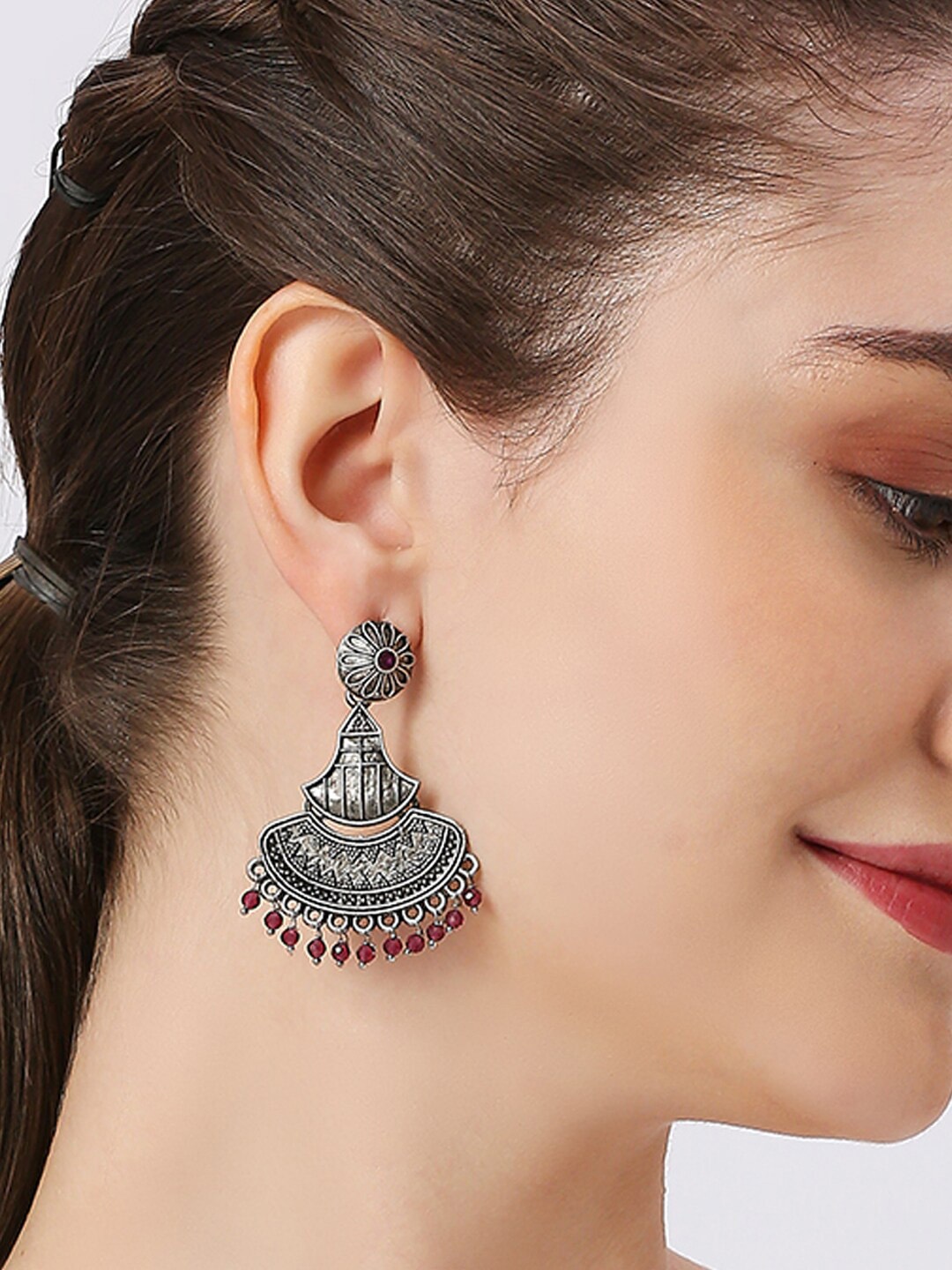 

OOMPH Stone-Studded & Beaded Oxidised Drop Earrings, Silver